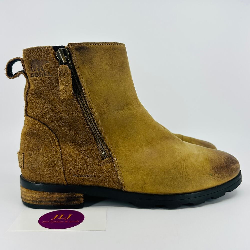 Sorel Women's Emelie Zip Camel Waterproof Leather Ankle Boots NL3312-224 Size 8